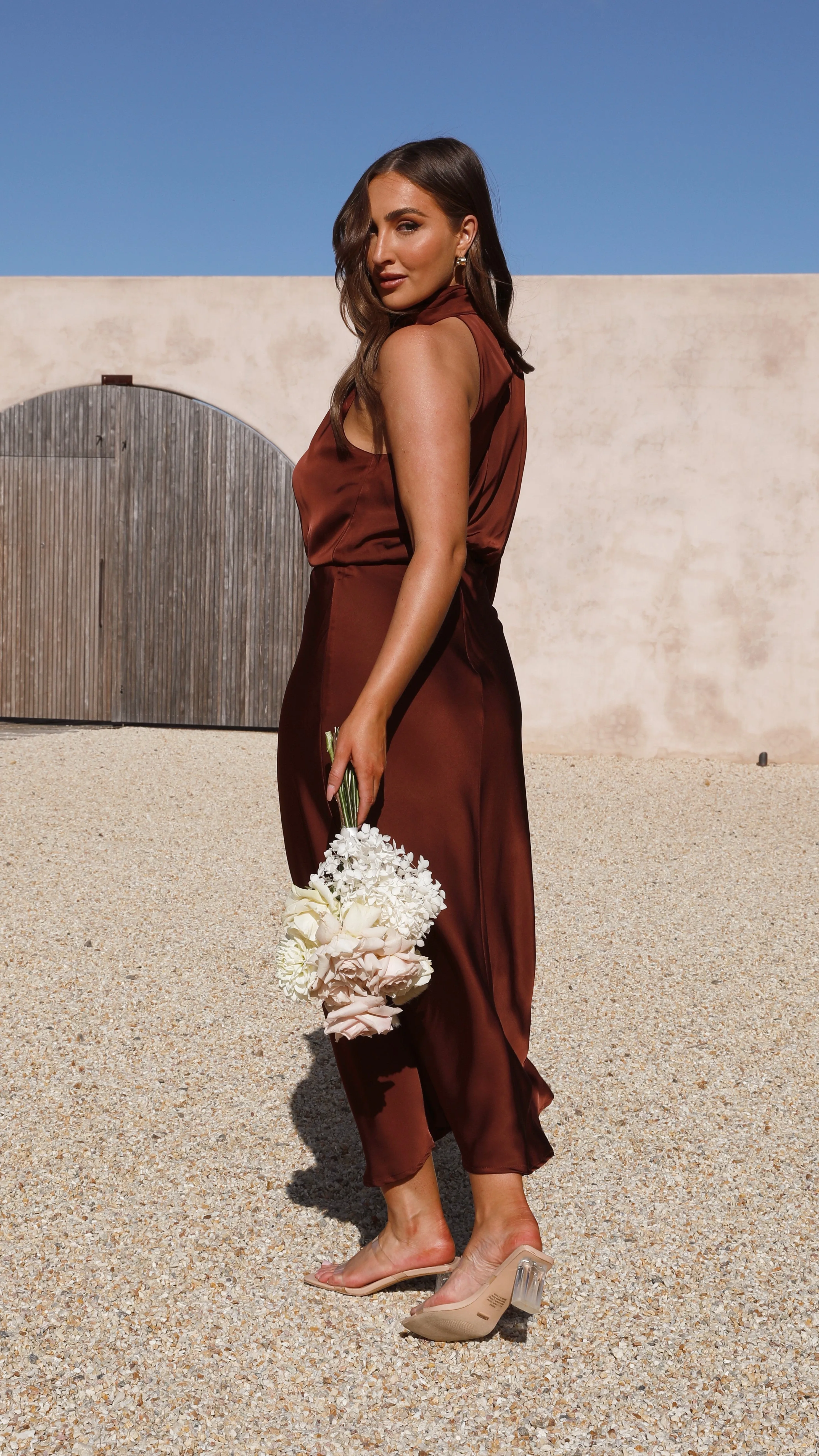 Esther One Shoulder Long Sleeve Dress - Brown