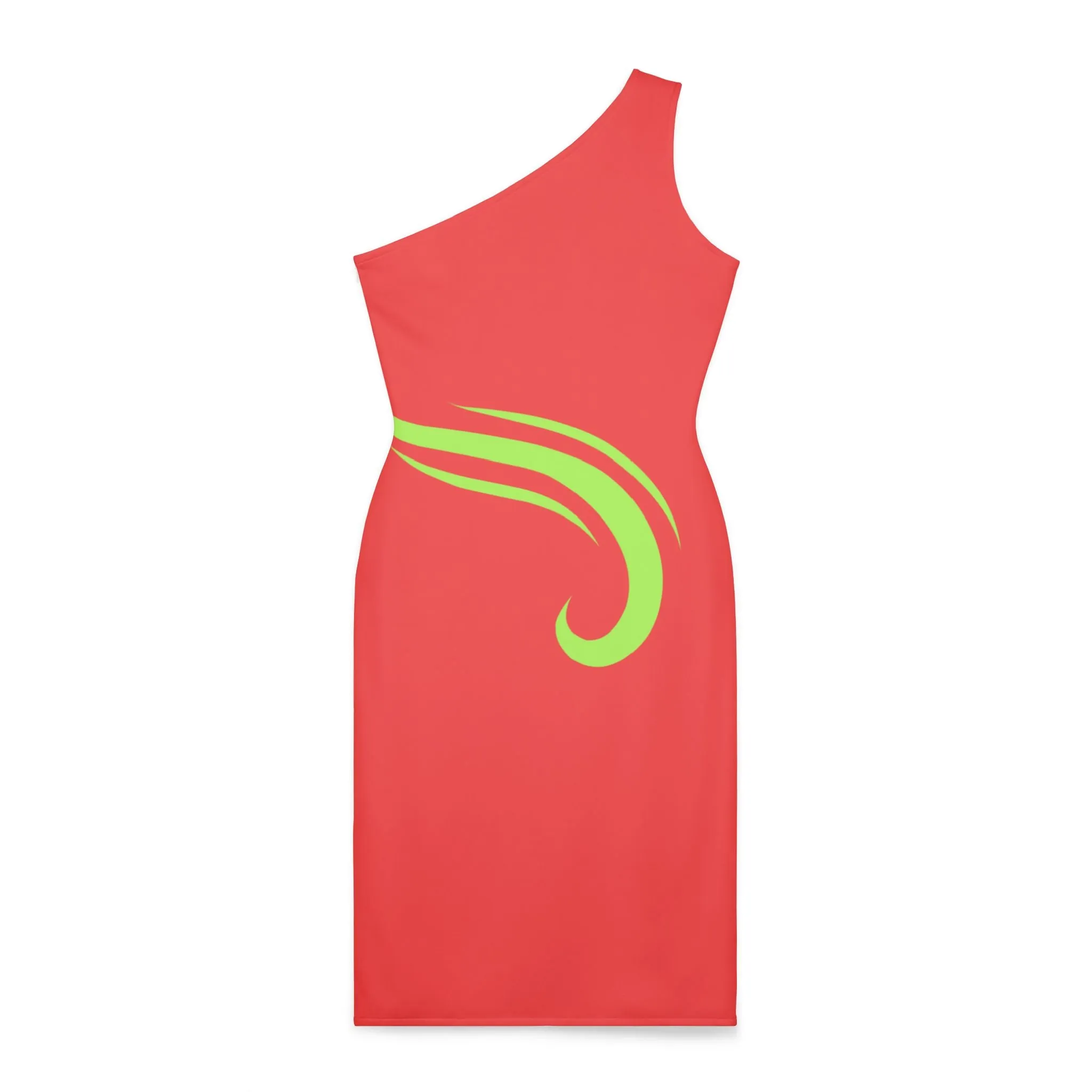 One Shoulder Dress - Red with Bright Green Swirl - New Year's Eve Events - Symbol of Good Fortune