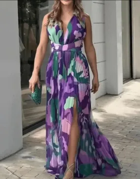 Print Ruched Slit Tied Detail Maxi Dress
